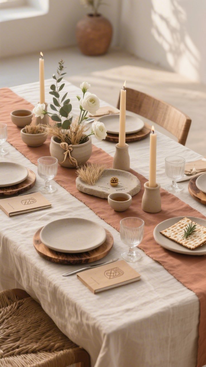 Photorealistic medium shot of a Modern Desert Minimalist Passover table: raw linen tablecloth in sand/oat with a narrow clay/terracotta runner; matte stoneware plates with softly rounded edges atop acacia/olive wood chargers; flat-bottomed artisan-style glasses; low ceramic bowls filled with dried grasses, eucalyptus, and a few white ranunculus as the centerpiece; slim beeswax tapers in sand-colored holders placed asymmetrically; minimalist kraft/linen Haggadahs with a small embossed matzah motif; linen napkins tied in a simple knot with a single rosemary sprig; a flat pale stone Seder plate with tiny labeled ceramic pinch bowls; neutral palette of bone, ecru, taupe, warm caramel; soft late-afternoon natural light; clean, serene, sculptural vibe; no people.