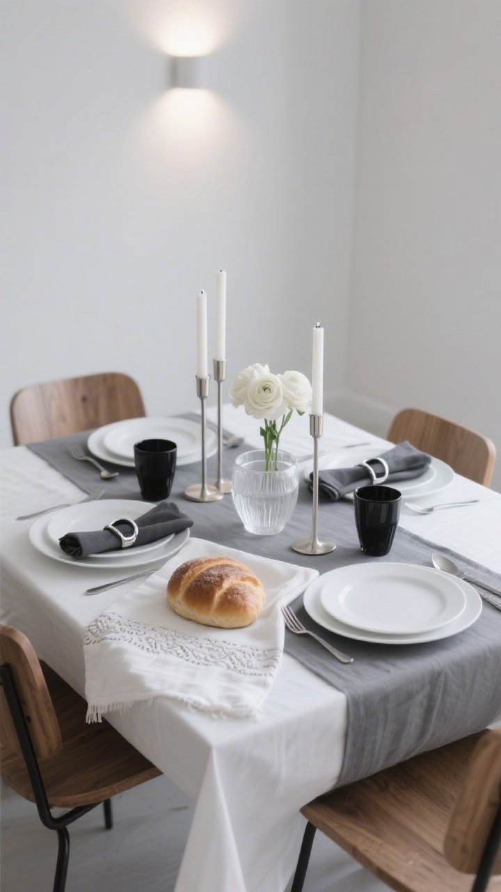 Photorealistic medium shot of a modern minimalist Shabbat table set in a calm, monochrome dining space; sleek matte white tablecloth with a narrow graphite-gray runner, natural wood chairs, soft diffused evening light; slim brushed nickel candlesticks aligned with clean-lined flatware; white linen challah cover with tone-on-tone embroidery draped over a loaf; centerpiece is a single low bowl of white ranunculus; white porcelain plates, black-rimmed glassware, charcoal linen napkins with minimalist silver rings; a sculptural frosted glass kiddush cup adding an airy glow; straight-on angle emphasizing crisp lines and serene palette.