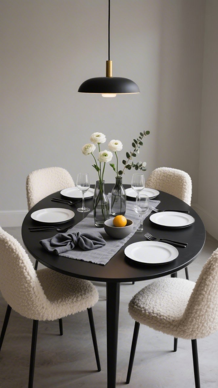 Photorealistic medium shot of a modern minimalist dining setup: a matte black oval table with slim tapered legs surrounded by six cream boucle chairs, stone-gray linen runner centered, clustered smoky glass bud vases each holding single stems of white ranunculus, eucalyptus, and a touch of olive. Place white porcelain plates with thin black rims, matte black flatware, and casually knotted charcoal linen napkins. Overhead, a black-and-brass linear pendant hung low casts a warm glow. Two low graphite ceramic bowls with bright citrus add subtle color; thin-stemmed clear wine glasses sit cleanly on the table. Neutral walls, soft evening lighting, no people.