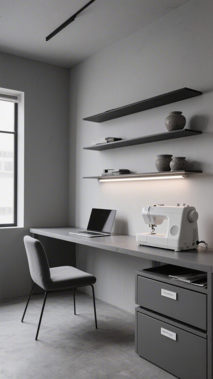 Photorealistic medium shot of a Serene Monochrome Atelier: wall-to-wall narrow desk holding a sewing machine and laptop; layers of soft gray surfaces with matte black accents and stoneware containers; a trio of floating shelves carrying only essentials, arranged deliberately; armless upholstered chair and slimline LED light bar; drawer inserts and flat files visible under desk with minimalist label tags; cool, gallery-like lighting, fog gray to charcoal palette.