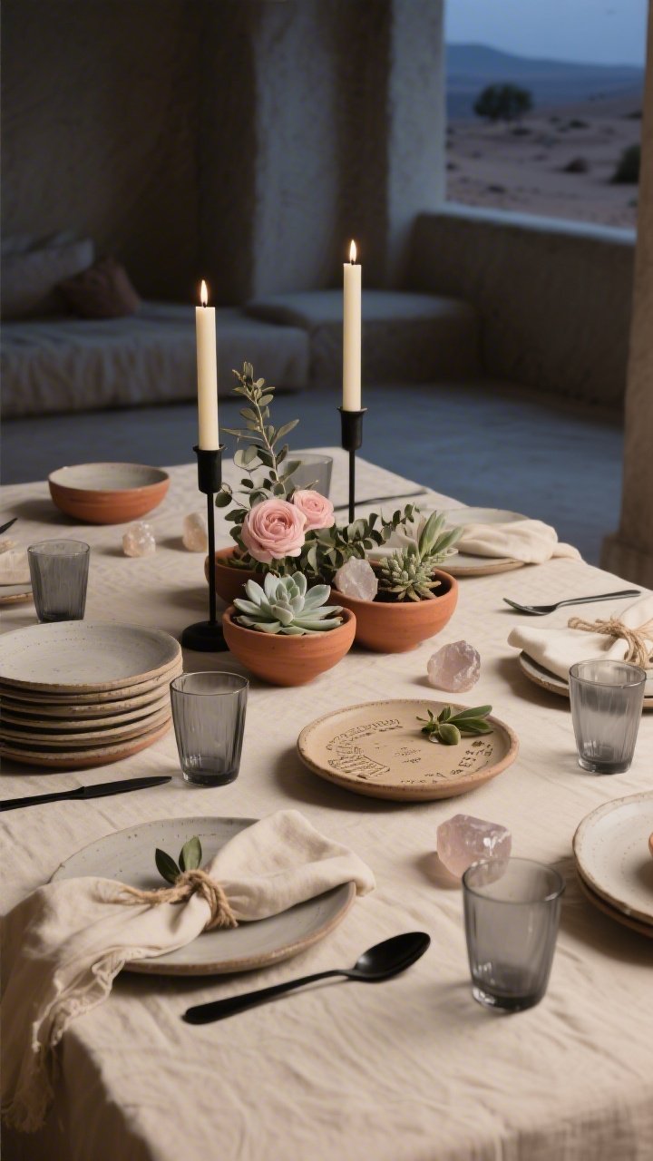 Photorealistic medium shot of a serene Passover table styled as “Desert Bloom Minimalism”: sand-colored linen tablecloth, stacked stoneware plates in putty and clay tones, matte black flatware, smoke-gray tumblers with clear wine stems. Low terracotta bowls clustered as a centerpiece, filled with pale succulents, soft eucalyptus, and blush ranunculus, with a few raw quartz pieces glinting. Tall slim cream tapers in black iron holders casting gentle candlelight. Gauzy linen napkins tied with twine and a tiny sprig of olive. Hand-thrown ceramic Seder plate with subtle sandy glazes. Moody twilight ambiance, tranquil and spacious, photographed at a straight-on table angle with shallow depth of field.