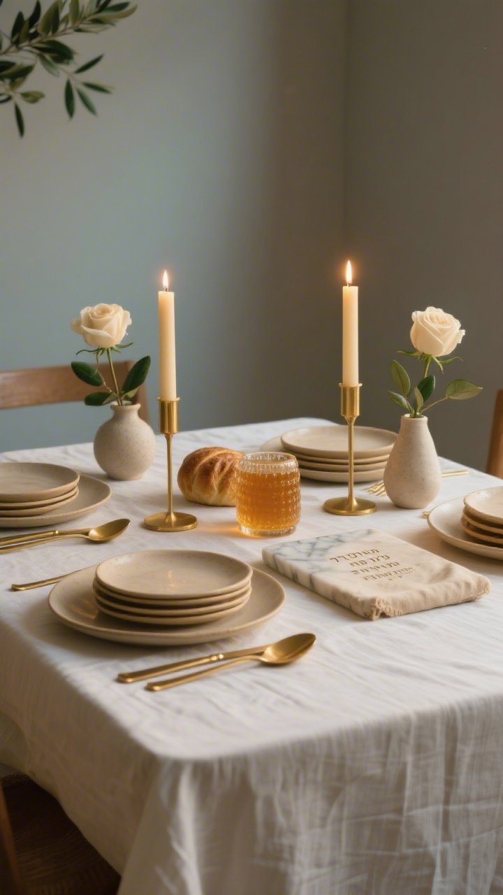 Photorealistic medium shot of a serene Shabbat table set at dusk: an ivory linen tablecloth skimming the floor, stoneware plates in warm oatmeal stacked on thin matte gold chargers, brushed gold flatware with rounded handles, and a low centerpiece of honey-toned beeswax taper candles in slim gold holders. Small cream roses and olive branches in short ceramic bud vases flank the candles. A minimal marble challah board with a natural linen cover sits just off-center, no text. Palette of cream, oat, warm gold, soft green. Soft candlelit glow, subtle matte finishes catching light, no harsh reflections, no people.