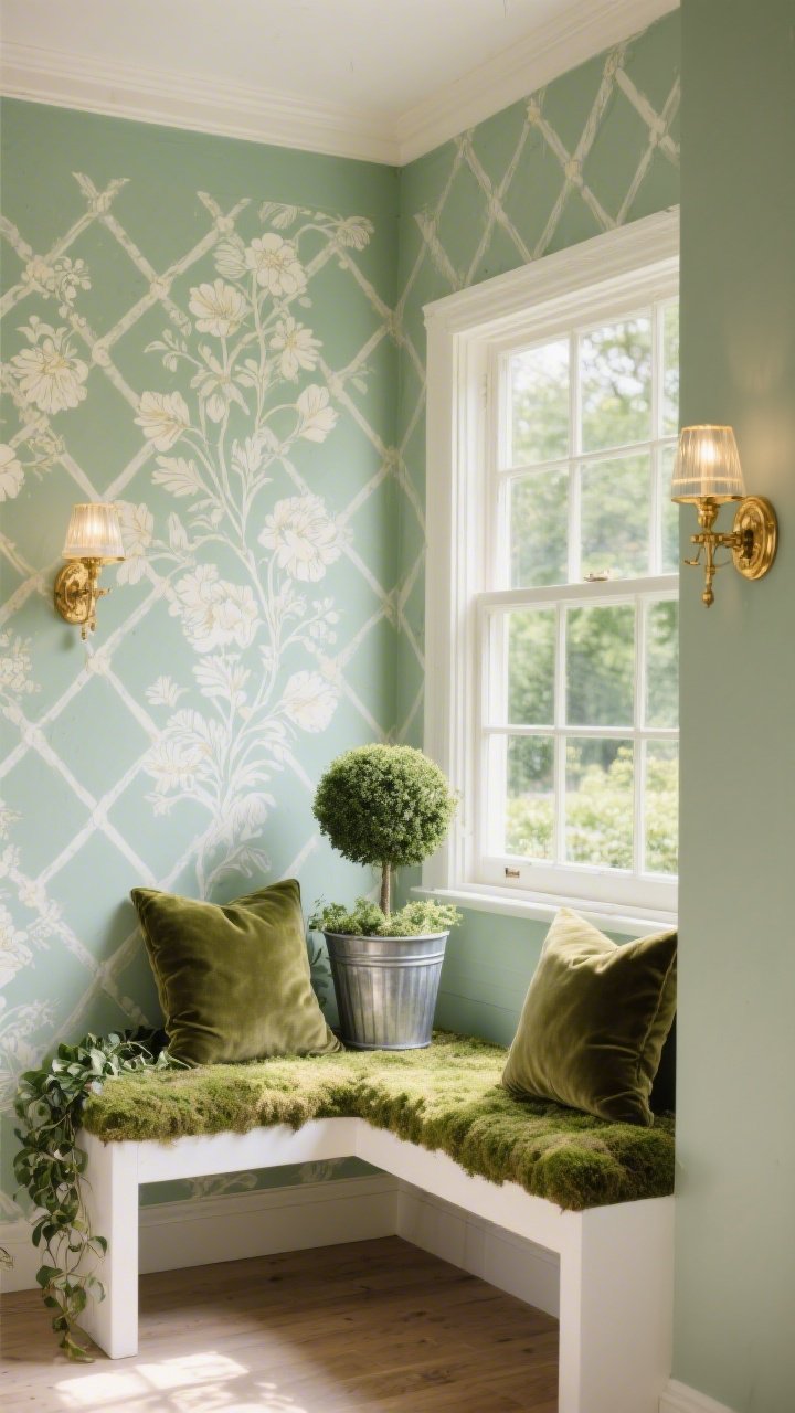 Photorealistic medium shot of a sunlit garden window nook: a soft sage-green trellis pattern painted directly on the wall with a subtle white-and-ivory floral stencil layered over it; a slim white bench topped with mossy velvet cushions below the window; two galvanized planters—one with trailing ivy, one shaped as a tidy topiary; vintage-style gold sconces flanking the scene casting warm ambient glow; brushed metal, painted wood, and velvet textures clearly visible; palette of sage, ivory, gold, and soft moss; shot from a slight corner angle to show depth, no people.