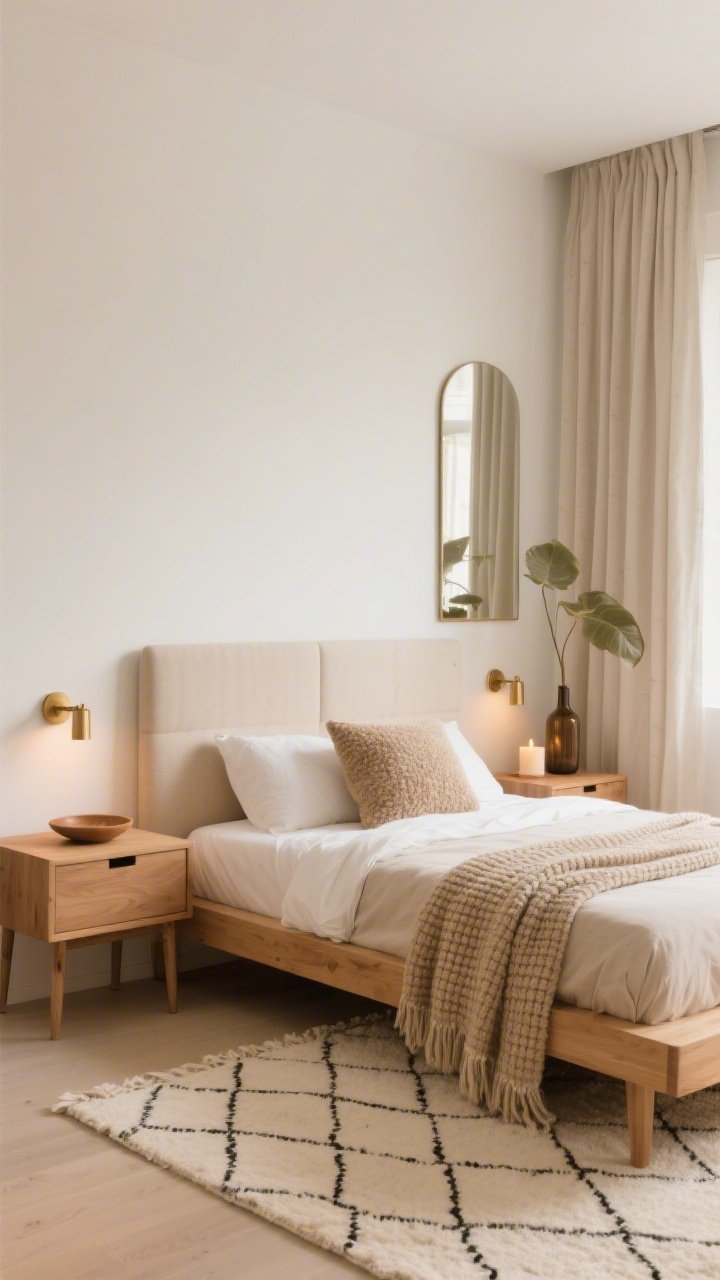 Photorealistic medium shot of a warm minimalist bedroom corner: warm white walls, layered neutrals in beige, caramel, and oat; light wood platform bed with padded headboard dressed in a linen duvet, waffle-knit blanket folded at the foot, and a bouclé accent pillow; matching wood nightstands with clean lines; brushed brass plug-in sconces mounted symmetrically above nightstands casting soft glow; low-pile Moroccan-style cream rug with subtle diamond pattern; extra-long curtains in a neutral tone lightly pooled on the floor for hotel vibes; a leaning oversized mirror reflecting soft light; surfaces minimally styled with a ceramic dish, a favorite candle, and a single leafy stem in a bottle vase; calm, edited composition from a slight corner angle.