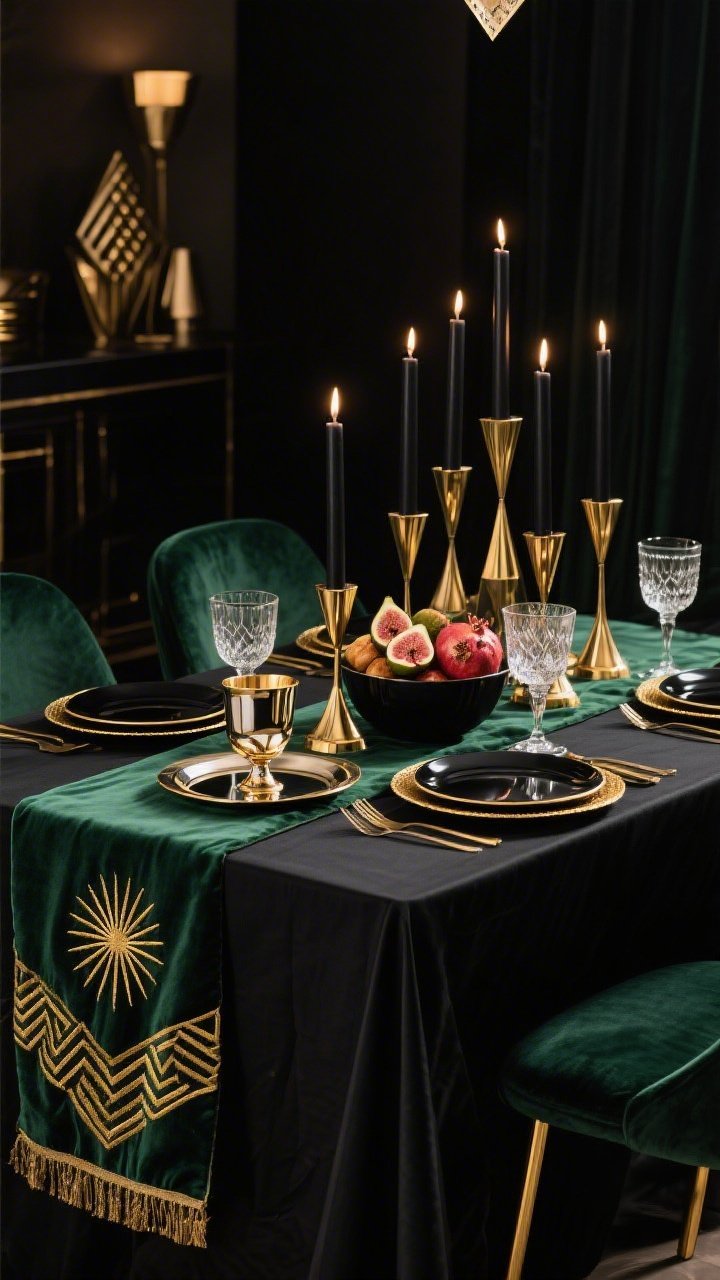 Photorealistic medium shot of an Art Deco glam Shabbat tablescape under moody evening lighting; black tablecloth, emerald-and-gold fan-patterned runner; velvet dining chairs with gold legs; tall stepped brass candlesticks with sharp Deco angles; challah cover in black velvet (or deep green) with gold sunray/chevron embroidery; centerpiece cluster of black taper candles at varying heights beside a low bowl of figs and pomegranates; matte black plates, gold-rimmed chargers, crystal coupe glasses; geometric gold-accented kiddush cup on a mirrored tray reflecting warm highlights; shot straight-on to emphasize symmetry and metallic glow.
