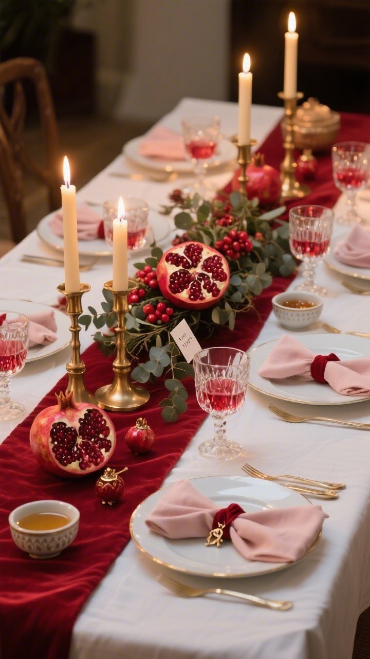 Photorealistic medium shot of an elegant Shabbat table glowing in warm evening candlelight: crisp white linen tablecloth, a deep ruby-red table runner down the center, brushed brass candlesticks with lit flames, a lush pomegranate garland woven with eucalyptus as the centerpiece, pomegranate-shaped salt cellars, small dip bowls, and a ceramic pomegranate honey dish. Place settings: white porcelain plates with thin gold rims, cut-crystal goblets catching ruby reflections, blush linen napkins tied with pomegranate-red silk. Tiny place cards clipped to miniature pomegranate charms. Jewel-tone palette of ruby and garnet, warm metallic brass, serene white; rich textures of linen, crystal, and ceramic. No people, intimate celebratory mood.