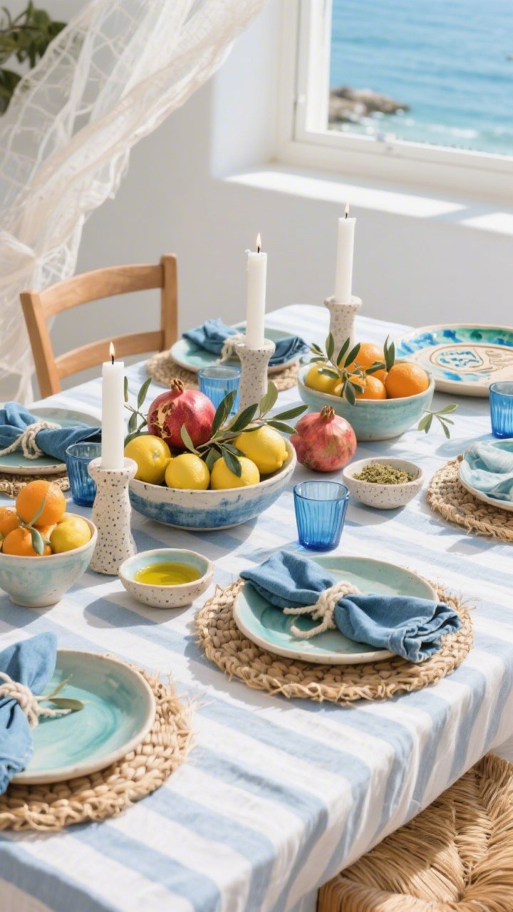 Photorealistic medium shot of an Israeli Coastal Chic table corner: soft blue-and-white striped or sun-washed pale denim linen tablecloth; rattan/woven grass chargers under casual ceramic dishes in sea-glass hues; indigo-dyed napkins tied with cotton cord; a small dish of olive oil and za’atar at each setting; centerpiece of bowls filled with lemons and clementines interlaced with olive branches and a few pomegranates; white tapers in speckled clay holders mixed with blue glass tea lights; hand-thrown ceramic Seder plate with watercolor-like glazing in blues and greens; airy gauze runners lightly fluttering; bright, sunlit coastal ambience from side windows; breezy, relaxed mood; no people.