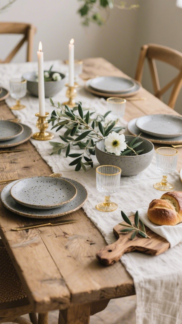 Photorealistic medium shot of an organic, garden-inspired table: a flax linen runner over a bare wood table showcasing grain, speckled stoneware plates on hand-carved olive wood chargers, smoky gray glassware with a fine gold rim. Low, wide bowls filled with eucalyptus, olive branches, and white anemones form a relaxed centerpiece. Translucent frosted glass candle holders with a hint of gold at the base cast a diffused glow. An olive wood board holds challah with a crisp off-white cotton cover; a sprig of olive tucked under the corner. Palette of flax, olive, stone, muted gold; soft, natural daylight; no people.