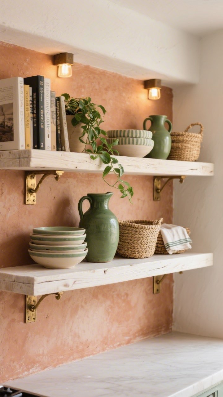 Photorealistic medium shot of modern Mediterranean kitchen shelves: chunky whitewashed oak floating shelves on a soft terracotta plaster wall, warm palette of creamy off-whites, sun-baked clay, and olive green accents; styled with matte ceramic pitchers, stacked linen-striped bowls, hand-thrown moss-green vases, and woven seagrass baskets for napkins and pantry items; antiqued brass brackets subtly patinated; tiny picture lights above the top shelf casting a soft evening glow; a trailing pothos draping over cookbook spines; straight-on view emphasizing earthy textures and sun-drenched warmth