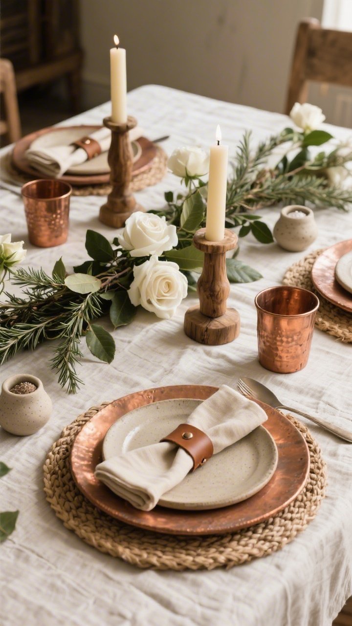 Photorealistic medium shot of Rustic Linen & Copper Charm: a natural linen tablecloth with visible slub texture, layered with rustic stoneware plates in oatmeal and clay tones atop woven rush placemats. Warm copper chargers and hammered-copper tumblers add shine; leather-wrapped napkin rings secure neutral napkins. A loose garland of bay leaves and rosemary winds through the center, dotted with white garden roses. Chunky wooden candlesticks with cream pillar candles add height and coziness; hand-thrown salt cellars complete the setting. Earthy, warm lighting with soft shadows; palette of linen, copper, clay, and soft white; photographed from a slightly elevated corner angle.