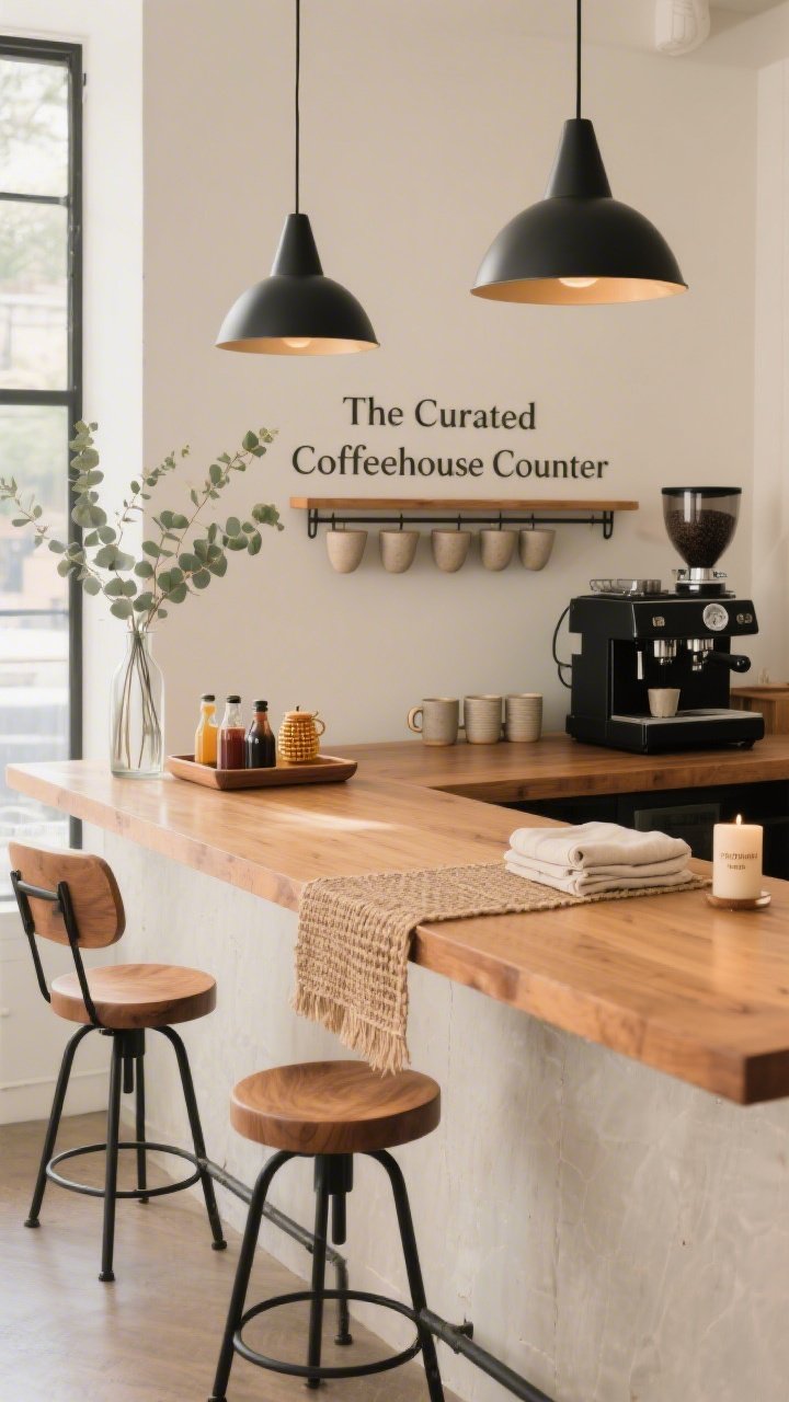 Photorealistic medium shot of “The Curated Coffeehouse Counter”: a warm wood island top bathed in natural light with a mellow palette of latte, caramel, matte black, and soft white. A low-profile coffee station anchors the scene: matte-black espresso machine, a slender rail with stoneware mugs, and a wooden tray corralling syrups and a tiny honey pot. Slim vase with eucalyptus for verticality. Two petite matte-black cone pendants above, curved-back oak stools with black metal footrests tucked in, and a woven runner centered on the island. Add a small stack of linen napkins and a candle labeled toasted hazelnut. Clean, cozy, designer cafe vibe; no people, shallow depth of field, natural daylight.