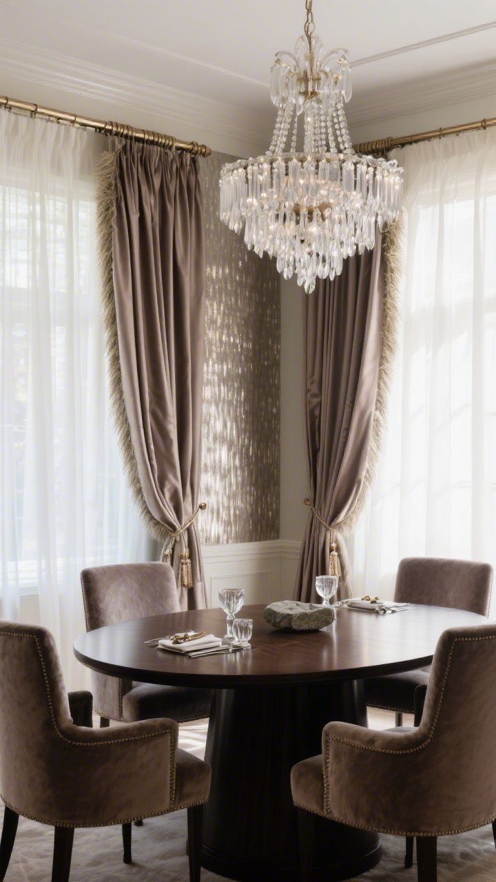 Photorealistic medium shot showcasing luxe layered window treatments: wall-to-wall ivory sheers as an underpinning with smoky taupe silk side panels that have a slight sheen, hung on a dual-rod or double-track system; soft, diffused lighting filtering through the sheers; a dark-stained oval dining table with upholstered mohair host chairs; a cascading glass chandelier sparkling above; metallic grasscloth accent wall adding a gentle shimmer; subtle tabletop accents like crystal or stone napkin rings; palette of taupe, ivory, espresso, and soft metallics; hotel-worthy, refined mood, no people