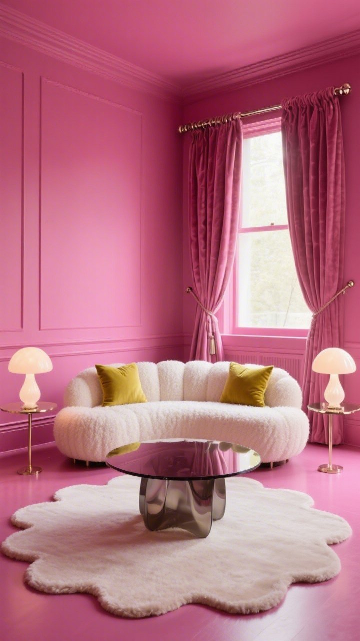 Photorealistic medium shot, straight-on: a fuchsia salon where velvety-matte fuchsia walls and matching baseboards set a dramatic backdrop. Centered is a plush ivory bouclé cloud sofa with chartreuse velvet pillows. A scalloped-edge area rug echoes curvy lines beneath a round smoked-glass coffee table. Pair of milk-glass mushroom lamps glow softly; polished nickel curtain rods with ripple-fold drapes catch light. Playful, glamorous mood, no people.