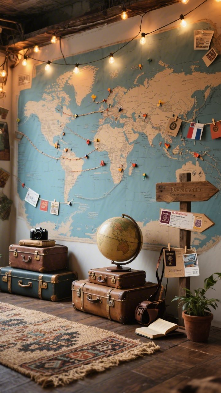Photorealistic medium shot, straight-on: a large world map mural in muted blues and tans as the backdrop, with tiny flag pins marking destinations and twine lines connecting meaningful cities; around the base, vintage suitcases stacked as plinths holding a classic globe and a wooden directional sign pointing to dream destinations; festoon lights draped across the top for a warm market-street glow; flooring with a natural jute rug layered partly over a patterned kilim; accents of postcards, boarding-pass-style labels, and kraft tags printed with passport stamps clipped along twine; a camera on a strap, travel journals, and a small potted plant completing the scene; cozy evening ambiance with warm highlights, no people.