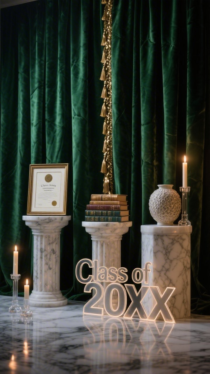 Photorealistic medium shot, straight-on: a luxe floor-to-ceiling emerald velvet curtain backdrop with a centered narrow strip of metallic fringe curtain in gold catching highlights; in front, a trio of pedestals at varying heights, topped with a framed diploma, a stack of elegant hardback books, and a textured ceramic vase; a few taper candles in clear glass holders adding warm glints; acrylic “Class of 20XX” letters leaning subtly on a pedestal; flooring of faux marble vinyl for sheen; moody, cinematic evening lighting with soft warm glow and gentle reflections, no people.