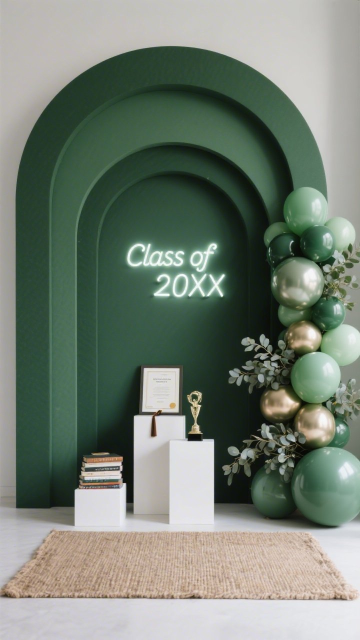 Photorealistic medium shot, straight-on: a modern monochrome arch wall composed of three staggered foam/MDF arches 5–7 feet high in deep forest green, with overlapping edges for depth; along the left side, a balloon garland in tonal greens mixing matte, glossy, and metallic finishes, with a few giant 36" balloons anchored at the base; eucalyptus stems tucked among balloons for texture; slim neon “Class of 20XX” sign in white centered on the middle arch; floor styled with a neutral jute area rug; low white cube plinths holding a diploma, a stack of favorite books, and a trophy; clean, editorial lighting with soft shadows, no people, minimalistic studio vibe.