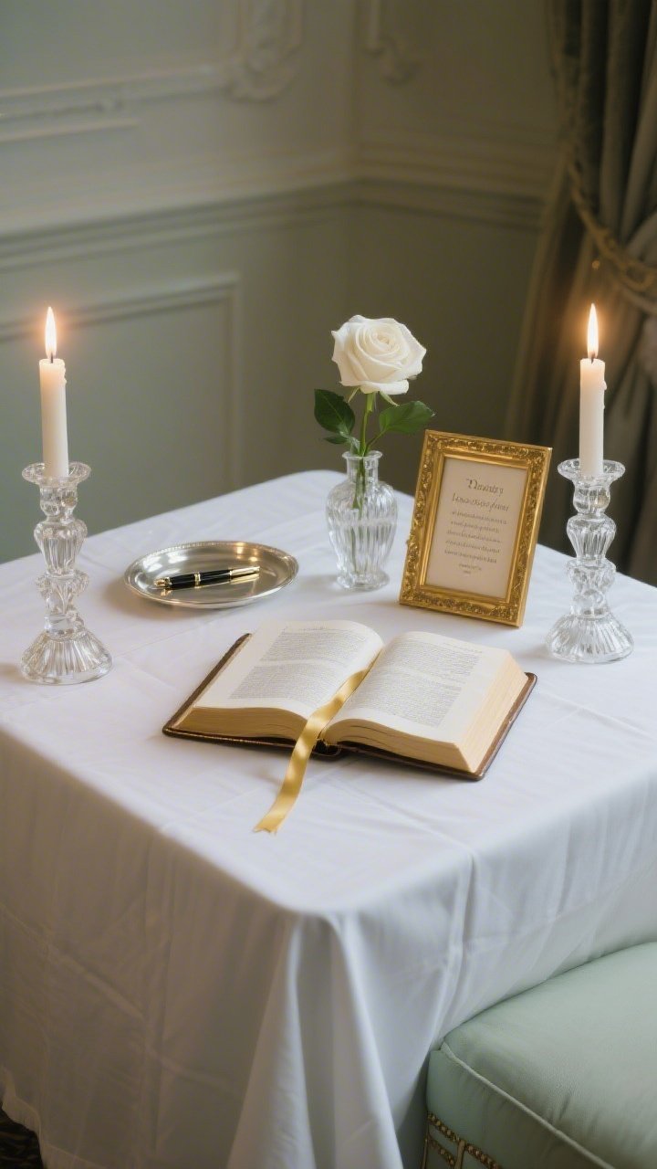 Photorealistic medium shot, straight-on of a classic candlelit devotional table: crisp white linen cloth draped perfectly; gold-edged Bible centered on a smooth leather folio; two crystal glass candlesticks casting soft warm light above the pages; petite silver tray with a fountain pen and bookmark; single white rose in a bud vase; small gilded frame with a favorite verse; a narrow gold ribbon marking today’s passage; palette white, gold, crystal, soft green; textures linen, crystal, polished metal, smooth leather; still, formal evening glow, no people