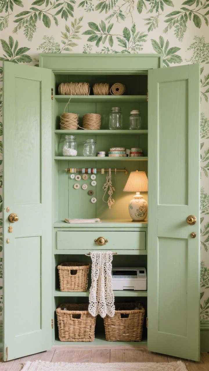 Photorealistic medium shot, straight-on, of a cottage-core craft closet with secret wallpapered doors: interior painted eucalyptus green with a continuous botanical wallpaper across the back wall and on two concealed hinge panel doors. One panel open to reveal slim shelves holding twine, washi tape, and buttons in milk-glass jars. A quaint drop-front secretary desk with antique brass knobs below; wicker baskets on a lower shelf, a tiny crocheted curtain hiding a small printer, and a ceramic lamp casting a warm glow. Sweet, storybook feel.