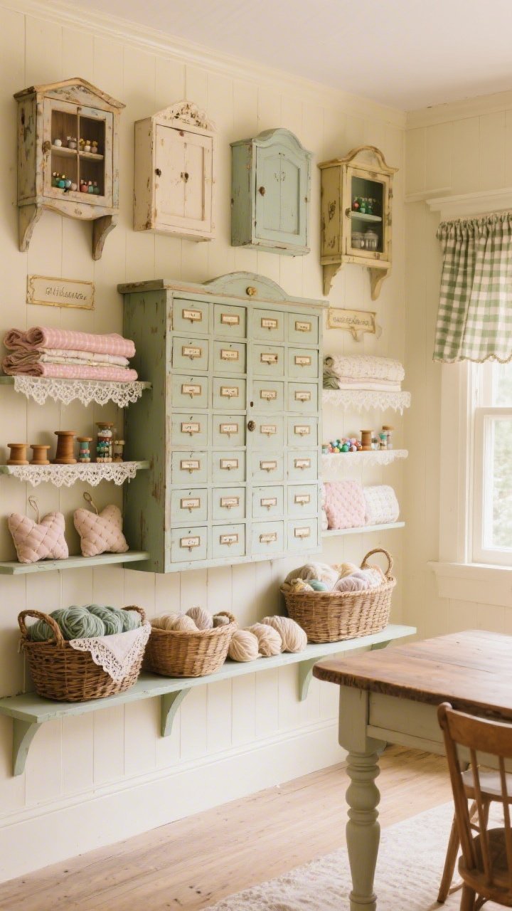 Photorealistic medium shot, straight-on of a cottage-core hutch wall: buttercream-painted wall lined with mismatched vintage hutches and an old-fashioned apothecary cabinet with many tiny labeled drawers for beads and buttons; open shelves displaying folded fat quarters, lace trims on wooden spools, tufted pin cushions; wicker baskets on lower shelves holding yarn; a glimpse of a gingham Roman shade and a farmhouse table with turned legs; warm nostalgic palette of buttercream, soft sage, blush, and brass; gentle daylight, cozy storybook feel