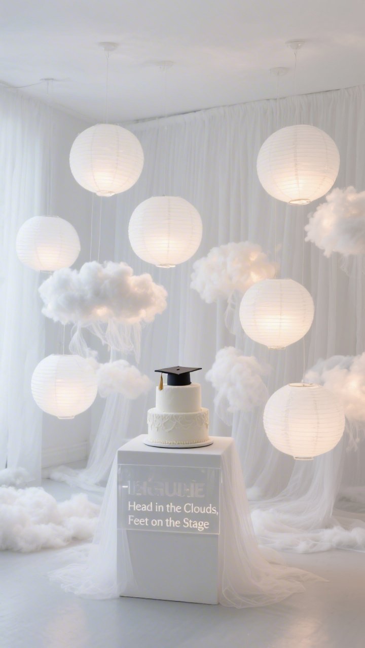 Photorealistic medium shot, straight-on serene composition: an all-white minimalist cloudscape—soft white fabric backdrop that puddles slightly on the floor; overlapping cluster of matte white paper lanterns at varied heights with dimmable warm bulbs; wispy faux cloud clusters made from tulle/batting floating between lanterns; a single white plinth centered with a single-tier cake topped by a petite graduation cap topper; a low frosted acrylic sign reading “Head in the Clouds, Feet on the Stage”; textures of sheer fabric, matte lanterns, frosted acrylic; dreamy, diffused lighting, no people.