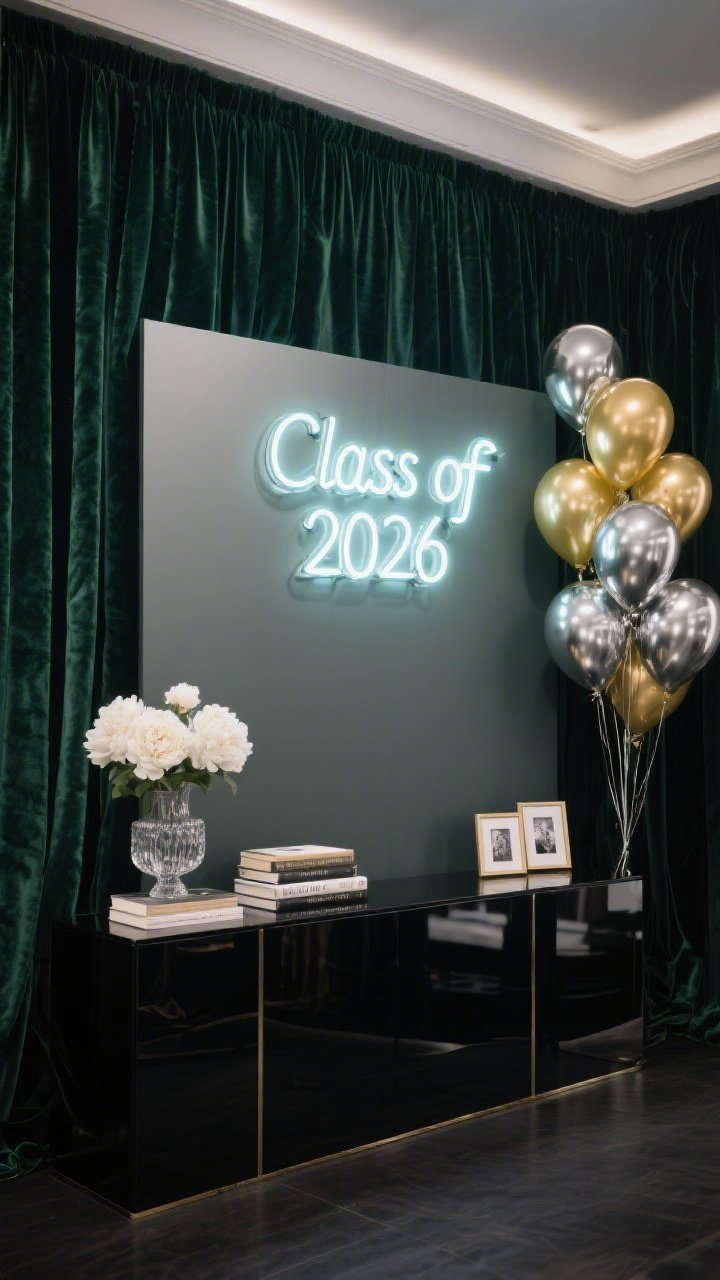 Photorealistic medium shot, straight-on view: a luxe monochrome backdrop scene in deep emerald velvet drapes from ceiling to floor, softly uplighted to create gentle gradients; a wide matte panel centered as a clean canvas; a concentrated cluster of chrome and gold balloons arranged to one side; a sleek neon sign reading “Class of 2026” glowing just above eye level; a slim black lacquer console table below with stacked books, a crystal vase of white peonies, and small framed photos; textures visible—velvet, matte finish, polished metal; moody, editorial lighting, no people.