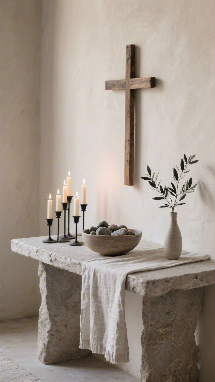 Photorealistic medium shot, straight-on view of a monastic minimalist home altar on a smooth stone slab console with a crisp flax linen runner draping over the edge; palette of sand, ivory, and soft gray; cluster of unscented beeswax tapers in matte black or wrought-iron holders providing soft candlelight; a small unadorned wooden cross leaning against a pale wall as the centerpiece; a hand-thrown ceramic bowl filled with river stones; a single sprig of olive or eucalyptus in a thin bud vase; quiet, restrained styling with negative space and gentle evening glow, no other decor, no people.