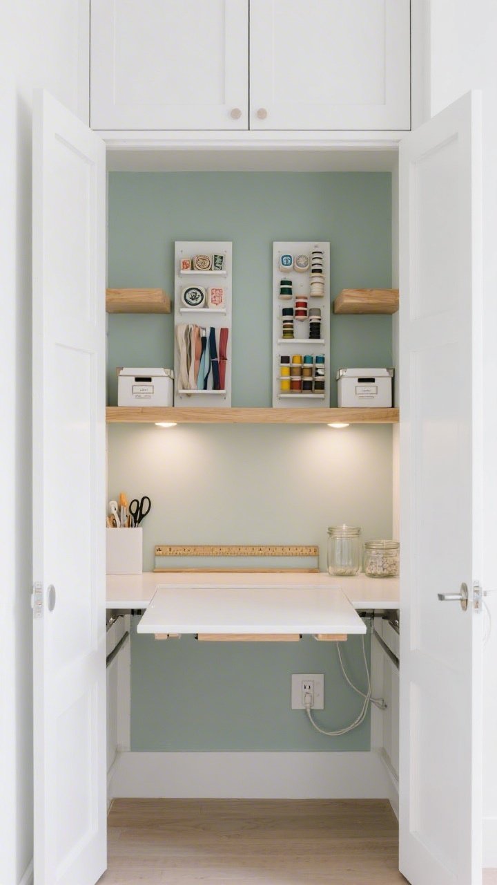 Photorealistic medium shot, straight-on view of a Scandinavian pocket studio inside a bifold-door closet: crisp matte white cabinetry, blonde maple-edge shelves, a whisper-sage painted back wall, and a shallow drop-leaf desk flipped down at center. Include two slim slide-out vertical towers partially extended holding paints, stamps, and ribbon spools; concealed magnetic strip under the front shelf lip gripping scissors and rulers. Recessed puck LEDs under the shelf glow softly, wired to a door-activated switch. Linen boxes and labeled glass jars neatly arranged; serene, airy palette with clean lines, no people.