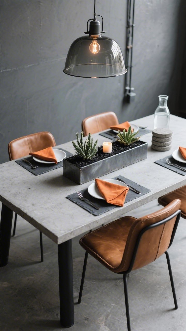 Photorealistic medium shot with industrial polish: rectangular concrete-top table with black steel legs, paired with camel leather chairs on powder-coated frames. Tight palette styling: slate placemats, white coupe plates, graphite flatware, and burnt orange linen napkins folded into sharp triangles. Low metal trough centerpiece with succulents and tea lights nestled in black sand. Overhead exposed-bulb pendant with smoked glass casts a cool, moody glow; nearby, a minimalist water carafe and stack of concrete coasters complete the scene. Urban, refined edge, no people.