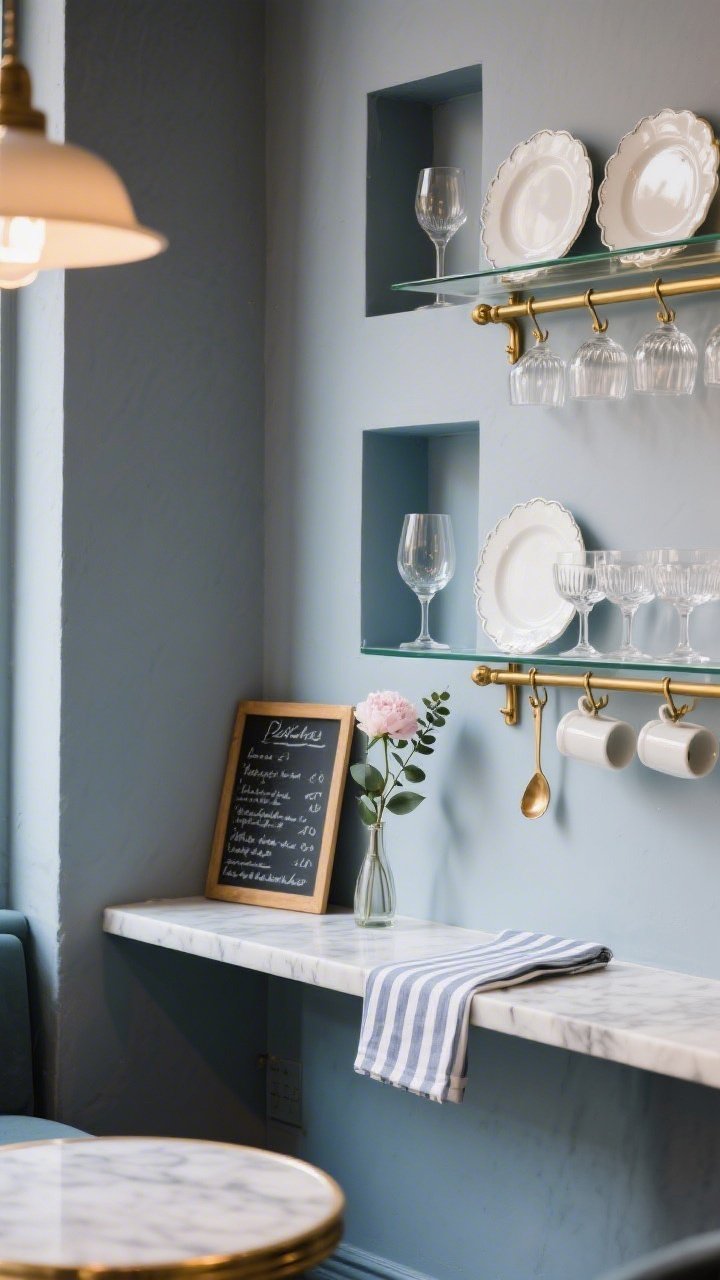 Photorealistic medium, slightly angled shot of Parisian bistro elegance: marble-backed niches with slim brass-edged glass shelves gleaming; surrounding wall in muted French gray with blue undertones; arranged crystal stemware, white scalloped plates, and vintage champagne coupes; polished brass rail beneath for hanging café cups and petite ladles; a striped linen runner folded on a lower shelf; a petite framed menu or blackboard with chalk script leaning in the niche; a single peony or eucalyptus stems in a slender bud vase; soft, refined lighting that catches glass and brass for an effortless, reservation-worthy mood