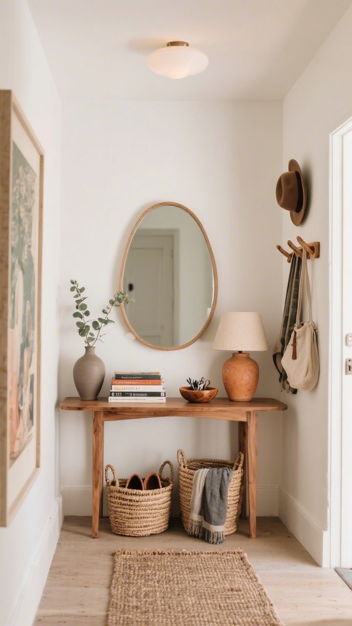 Photorealistic medium, straight-on entryway scene with collected charm: slim oak console table topped with a neat stack of art books, a tiny hand-carved bowl for keys, and a warm stoneware lamp; a rounded-edge frameless mirror above bouncing light; beneath the console, two woven baskets for shoes and scarves; wall-mounted natural wood peg rail holding a couple of simple bags and a hat; a vintage-look runner on the floor; a matte vase with a small eucalyptus branch; palette of soft white, sand, and muted terracotta; gentle natural light, no people.