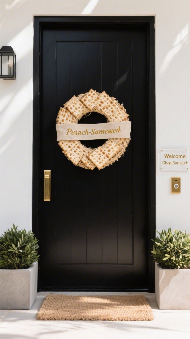 Photorealistic medium, straight-on entryway shot titled “Modern Matzah Chic”: a matte black front door with a slim brushed brass mezuzah on the frame; centered square, textured “matzah-inspired” wreath made of woven raffia/pale wood shingles with a narrow oatmeal linen ribbon subtly stamped “Pesach Sameach” in soft gold foil; minimalist solid jute doormat; two low, square planters holding manicured olive topiaries; sleek clear acrylic plaque by the doorbell reading “Welcome” stacked over “Chag Sameach” in clean sans-serif; color palette black, brass, oatmeal, soft gold; crisp natural daylight for a modern, sleek vibe.