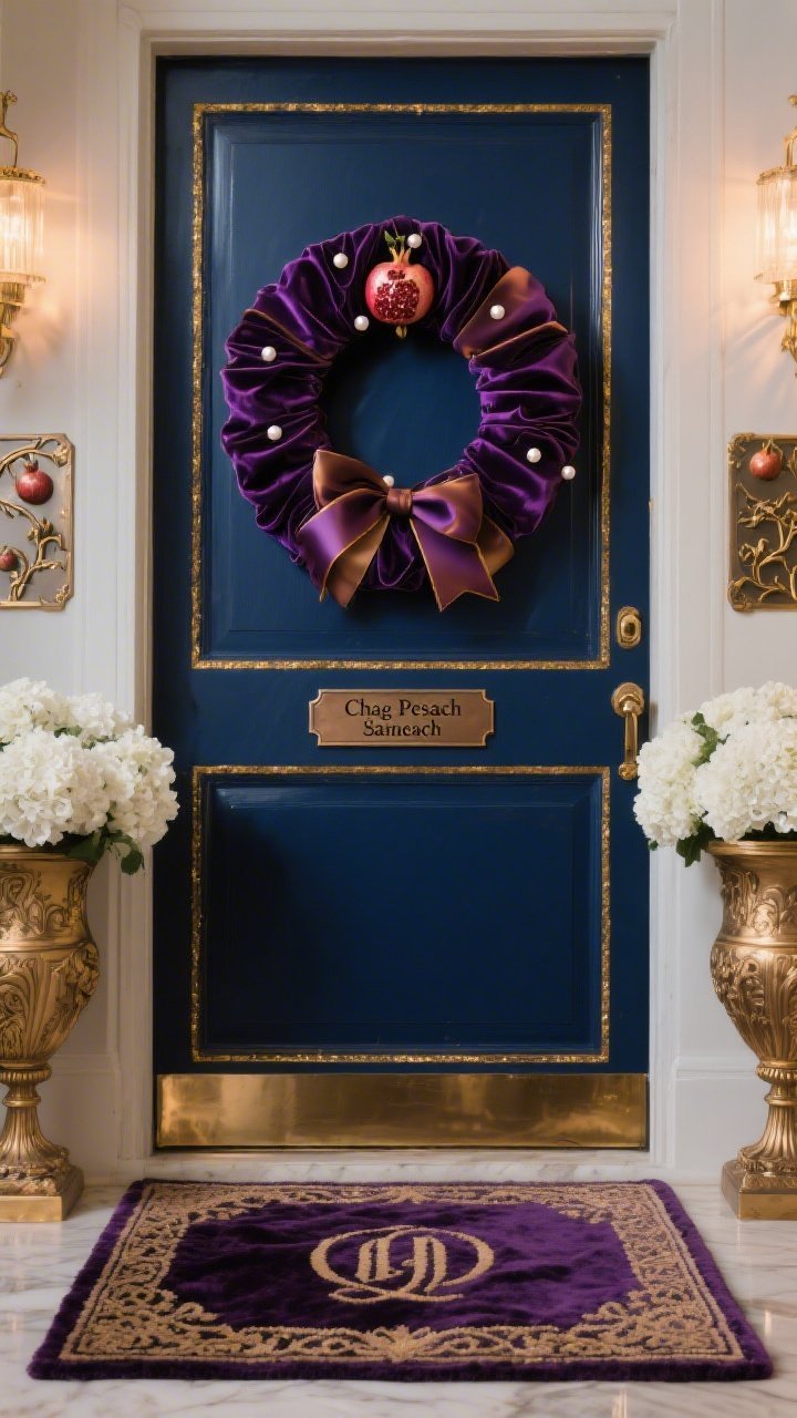 Photorealistic medium, straight-on luxury entrance titled “Luxe Gilded Heritage”: deep aubergine/midnight blue door outlined with slim gold-leaf tape shimmer; large velvet wreath made of pleated jewel-toned ribbon, accented with petite pearl pins and embossed metal plaques featuring delicate pomegranate and vine motifs; two ornate urns brimming with white hydrangeas; a monogrammed coir mat with a filigree border; a custom bronze nameplate below the knocker reading “Chag Pesach Sameach” in classic serif; soft evening lighting with subtle highlights on antique gold and velvet texture; palette midnight, aubergine, antique gold, ivory.