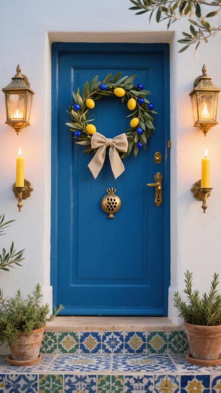 Photorealistic medium, straight-on Mediterranean doorway titled “Blue & Brass”: a deep Mediterranean blue door flanked by aged brass lanterns holding pillar candles; an olive-leaf circle wreath dotted with tiny lemons and blue glass beads, tied with a slim beige linen bow; patterned Moroccan-style tiles used as risers displaying potted rosemary and thyme; a small brushed-metal pomegranate silhouette door charm hanging below the knocker; warm golden evening light reflecting in the brass, subtle candle glow; color palette Mediterranean blue, brass, olive green, lemon yellow.