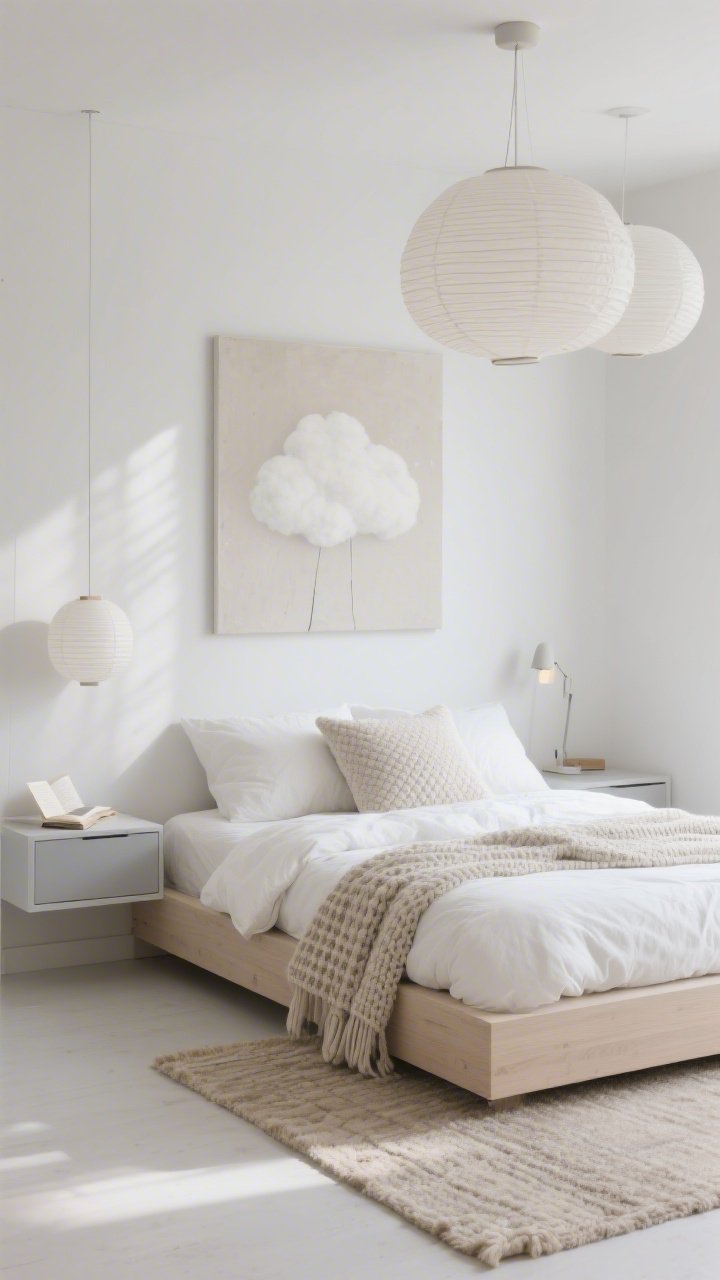 Photorealistic medium, straight-on Scandinavian Cloud Minimal scene: low-profile light ash platform bed with a puffy white duvet resembling a cumulus cloud; tone-on-tone whites with soft greige and foggy gray accents; slim handleless nightstands, a floating shelf replacing a dresser; textiles include a bouclé pillow, waffle-knit throw, and an oatmeal flatweave wool rug; paper lantern pendants overhead and a minimal wall sconce for reading; one oversized abstract artwork in pale neutrals; abundant negative space with soft diffused daylight bouncing around clean lines.