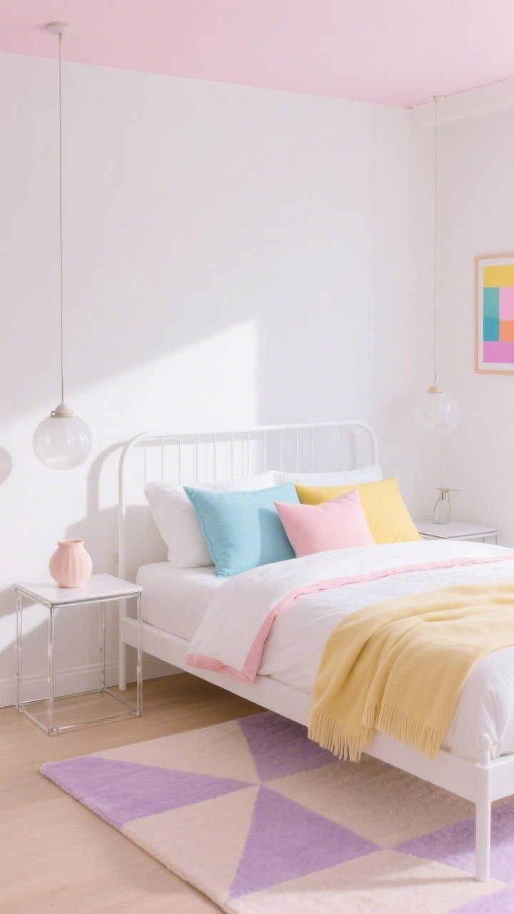 Photorealistic medium, straight-on Soft Modern Pastel Pop scene: white lacquer or slim metal bed frame with a bold two-tone duvet (white with a blush border), color-blocked pillows in powder blue, blush, and butter yellow, plus a lightweight cotton throw in butter or lilac; bright white walls with the faintest pink tint warmth; pale geometric low-contrast pastel rug on the floor; acrylic or open-frame metal nightstands to keep visual lightness; frosted globe pendant lights and a pastel ceramic task lamp; minimal colorful prints with abundant white space; cheerful, clean-lined, sunlit ambiance.