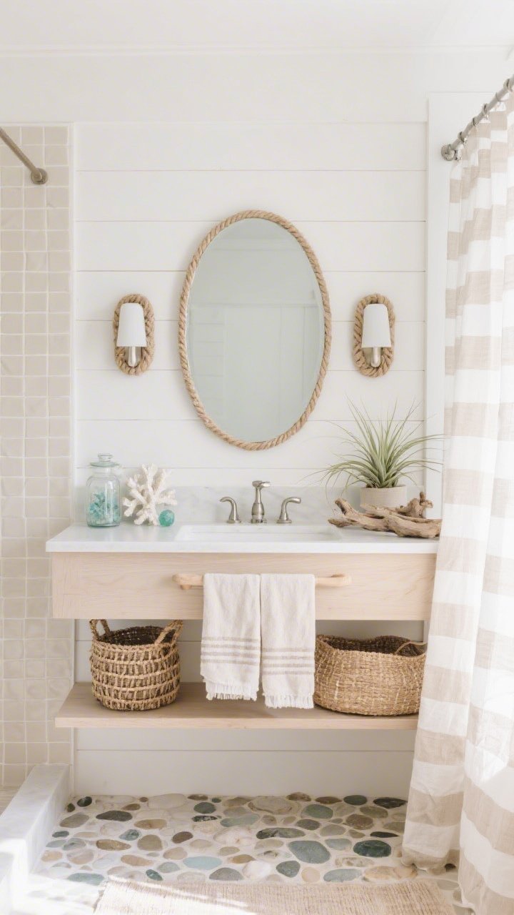 Photorealistic medium straight-on view, Coastal Boho Calm: white tongue-and-groove paneling behind a floating pale ash vanity; rounded-rectangle mirror flanked by rope-wrapped sconces; relaxed-grid creamy square shower tiles; pebble tile floor underfoot; brushed nickel hardware; gauzy linen shower curtain and striped hammam towels; decor of sea glass in apothecary jars, bleached coral, and woven jute baskets; air plants perched on driftwood; soft, diffused seaside daylight; palette of oatmeal, driftwood, and seafoam.