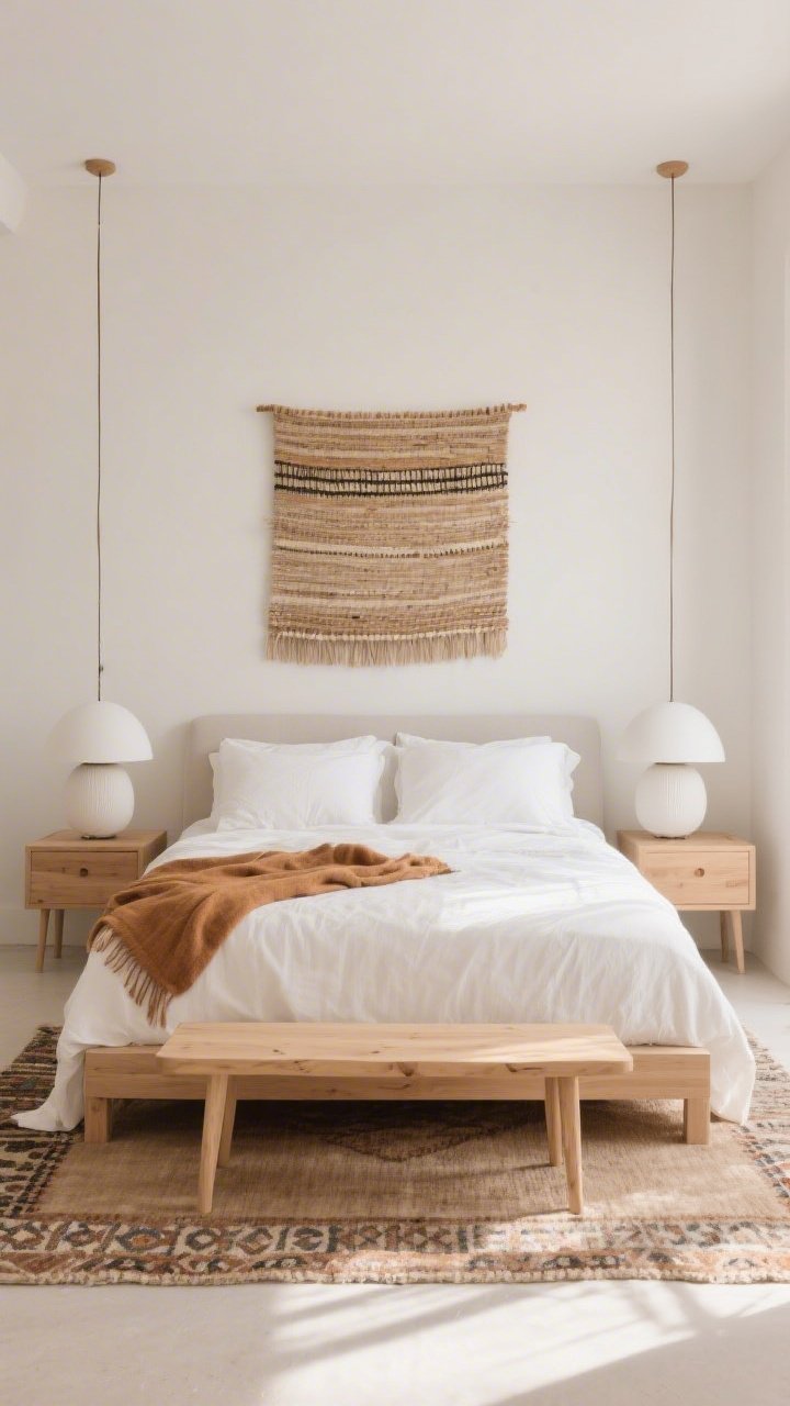 Photorealistic medium, straight-on view of a serene bedroom: low-profile light oak bed with crisp white percale sheets and a flax linen duvet casually layered with a caramel throw; minimal nightstands on both sides; dome-shaped matte white pendant lamps hanging above each nightstand; a woven wall tapestry centered above the headboard; a plush, low-pile Moroccan-style rug underfoot; a natural wood bench with tapered legs at the foot of the bed; palette of white, linen, caramel, and pale oak; calm morning light.
