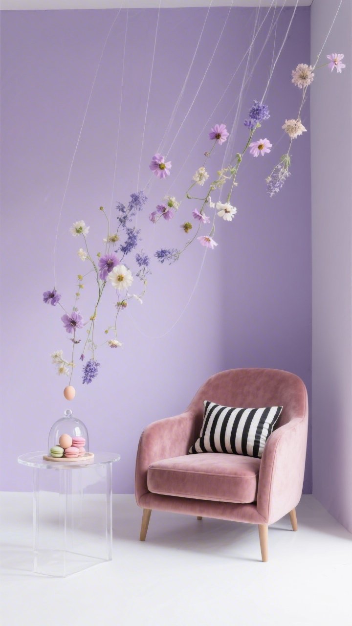 Photorealistic medium studio setup against a lavender-painted accent wall, shot slightly angled for depth: clear fishing lines from the ceiling with clipped lightweight silk or dried florals (cosmos, statice) appearing to float diagonally; clean floor with matte white backdrop paper; an armless accent chair in dusty rose velvet for structure; acrylic side table holding pastel macarons under a glass cloche of eggs; one graphic black-and-white striped pillow for crisp contrast; soft, even studio lighting with subtle shadows, modern editorial vibe.