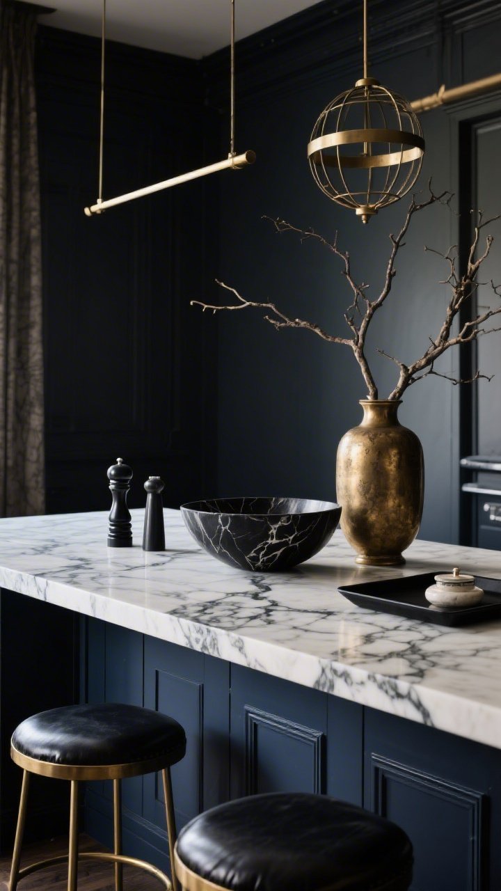 Photorealistic medium-to-close shot of “The Moody Marble Moment”: an inky navy island base crowned with high-contrast marble featuring bold veining. Centered styling: a sculptural bowl in blackened wood or travertine, offset by a tall antique-brass vase with oversized branches. Low, sleek accents: dark pepper mill, slim salt cellar, and a black tray grounding the arrangement. Oversized globe pendants or a minimalist linear brass fixture visible above; leather-upholstered stools with thin brass frames at the edge. Color story of charcoal, ivory, antique brass, and whisper of smoke. Dim, dramatic lighting that highlights marble veining; no people.