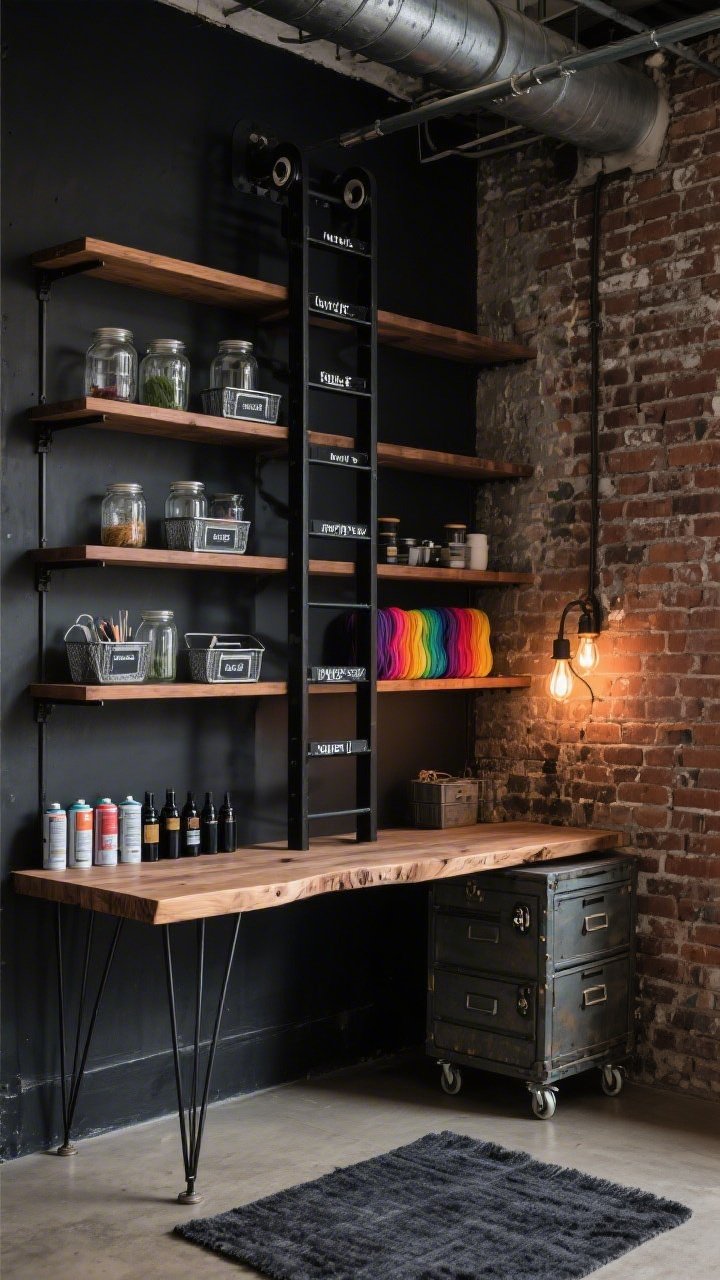 Photorealistic medium-wide corner angle of an industrial craft wall: floor-to-ceiling black steel shelving with stained walnut shelves along an exposed brick accent wall; ceiling-mounted rail with a rolling library ladder in matte black; labeled glass jars and metal caddies arranged boutique-style; reclaimed-wood slab worktable with hairpin legs; crate drawers on locking casters beneath; Edison bulb sconces casting warm glow on brick; charcoal rug grounding the scene; pops of color from rainbow skeins, spray paint cans, and ink bottles; moody, loft-like ambiance
