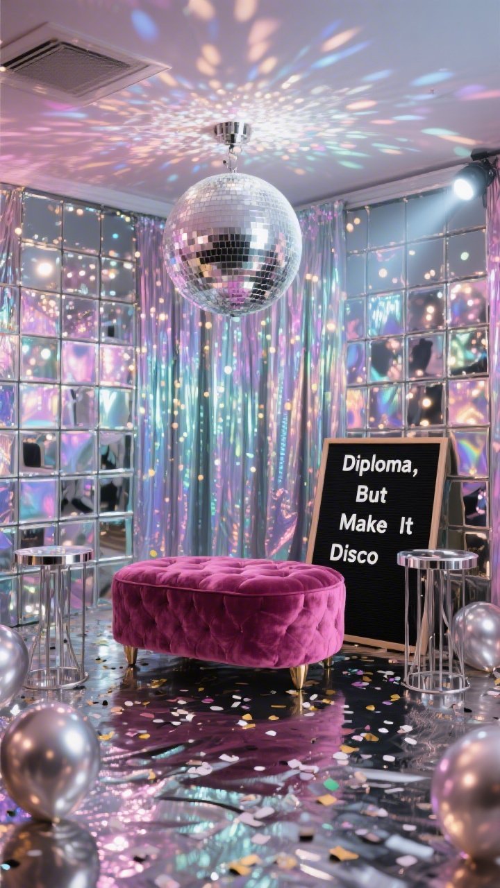 Photorealistic medium-wide, dynamic low-angle view: a disco-themed backdrop wall layered with iridescent foil curtains behind a grid of small mirror tiles, reflecting speckles of light; a large disco ball installation overhead catching a rotating disco light aimed at the ceiling to create magical bokeh; a low velvet ottoman in magenta centered; two chrome side tables flanking it; a black letterboard reading “Diploma, But Make It Disco”; metallic confetti balloons scattered on the floor; textures of foil, mirror, velvet, chrome; high-glam sparkle with intentional light play, no people.