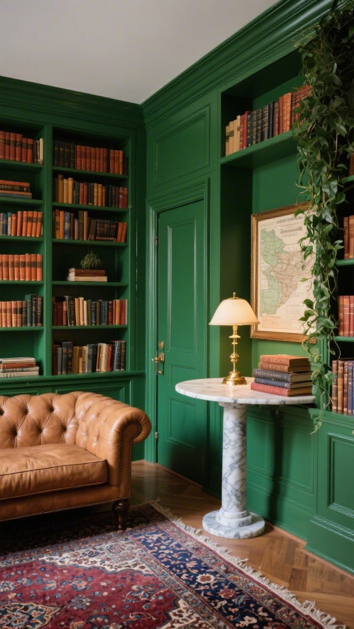 Photorealistic medium-wide library vignette, side angle: built-in shelves, trim, and doors coated in lush emerald green satin, books arranged by warm tones. Foreground: a camel leather chesterfield facing a marble-topped pedestal table on a Persian rug heavy on garnet and indigo. An antique-brass banker’s lamp casts a cozy pool of light over stacked novels. Framed vintage maps and a trailing pothos add finishing touches, no people.