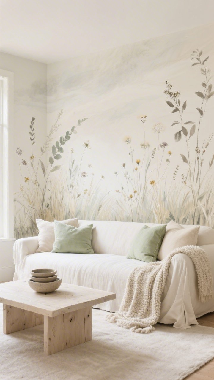 Photorealistic medium-wide living room with a soft meadow mural: hand-painted, feather-light strokes suggesting grasses and wildflowers in misty taupe, pale eucalyptus, and buttercream on a cream backdrop, no hard outlines; in front sits a cream slipcovered sofa with a bouclé throw draped over the arm and linen pillows in whisper green and vanilla; a bleached-wood coffee table holds a small stack of stoneware bowls; calm, serene mood with diffused natural light; textures of bouclé, linen, bleached wood, and stoneware emphasized; straight-on perspective.