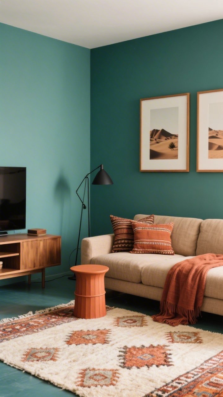 Photorealistic medium-wide shot, corner perspective: a teal living room (slightly green-leaning) with modern lines. A linen-blend sofa in warm sand pairs with a terracotta drum side table and a blackened steel floor lamp. Underfoot lies a cream-and-rust flatweave Moroccan-style rug; a clean-lined teak media console anchors one wall. Mudcloth pillows and a rust linen throw accent the sofa. Desert photography in thin teak frames adds cohesion. Balanced, earthy lighting, no people.