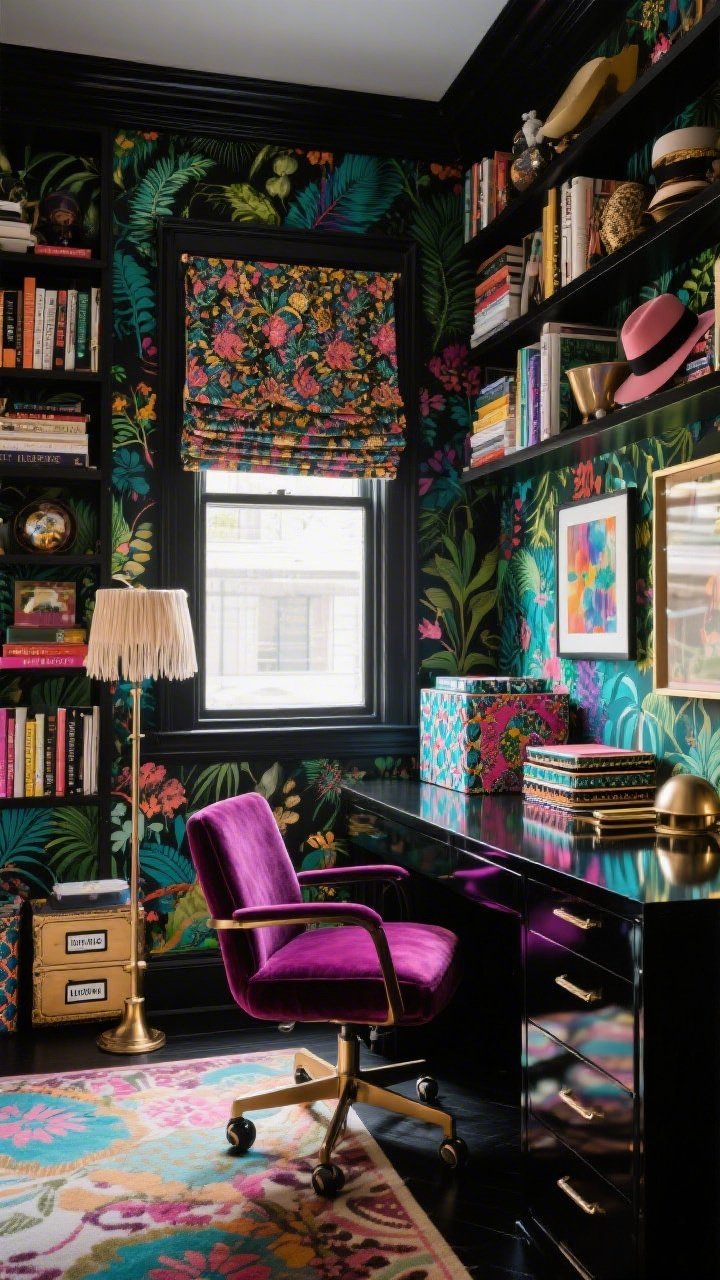 Photorealistic medium-wide shot of a Bold Maximalist Muse Room: walls wrapped in lush botanical wallpaper; velvet swivel chair at a lacquered desk reflecting saturated color; floor-to-ceiling bookshelves filled with art books and curios; gallery wall and fringe lamp; patterned Roman shade at the window; storage with labeled hat boxes, patterned file folders, stacked trays; palette of jewel tones with black grounding and metallic sparks; lively, curated clutter, even lighting.