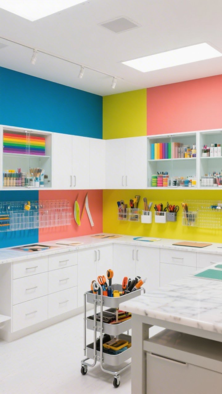 Photorealistic medium-wide shot of a Color-Blocked Craft Lab: walls divided into bold color blocks of cobalt, coral, and citron that define cutting, painting, and planning zones; crisp white flat-front cabinets anchor the scene; glass-front uppers reveal rainbow-sorted supplies; a rolling metal cart with most-used tools; epoxy-topped workbench and acrylic wall organizers; bright even lighting that feels energetic yet controlled; white base balancing saturated hues.