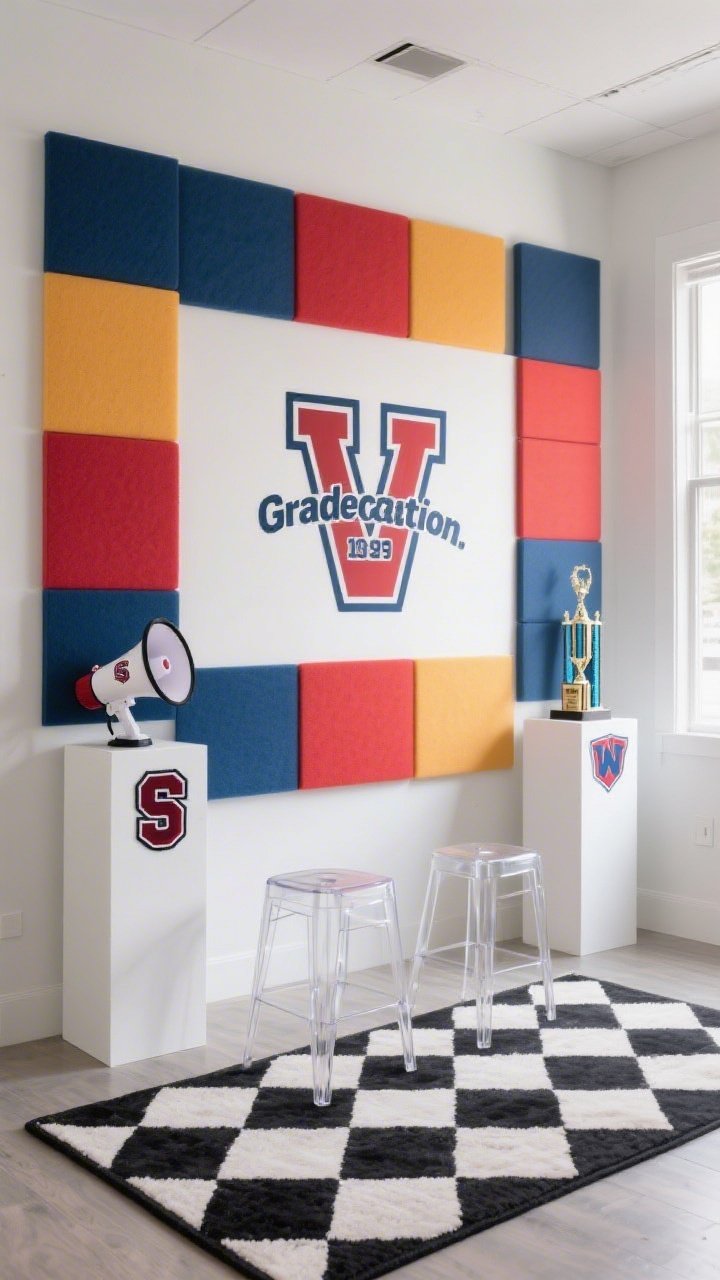 Photorealistic medium-wide, straight-on composition: a modern school spirit wall with oversized color-blocked foam panels in bold school hues, arranged in staggered heights for dimension; a crisp white center panel featuring large varsity-style vinyl lettering with the grad’s name and graduating year; two minimalist pedestals on either side topped with megaphones, letterman patches, and a trophy; a low black-and-white checkered rug grounding the scene; a pair of clear acrylic stools; textures include smooth foam, glossy vinyl, acrylic; bright, even lighting for a clean, graphic look, no people.