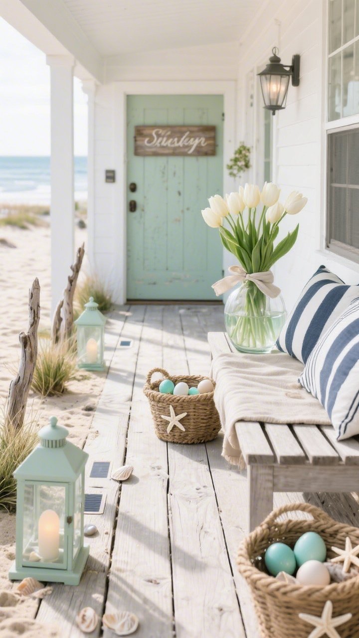 Photorealistic medium-wide, straight-on shot of a coastal spring boardwalk-style front walk in soft seaside daylight: white, sand, and sea-glass green palette with weathered wood textures; path lined with driftwood stakes and low sea grass planters; rope baskets holding ceramic eggs in sea-glass tones, with starfish and shells tucked among them; slatted bench with a linen runner and striped navy-and-white outdoor pillows; frosted glass lanterns with warm LEDs and subtle solar path markers; near the door, a faded wood sign with soft script and a glass vase of tulips tied with a linen ribbon; breezy, elegant coastal mood.
