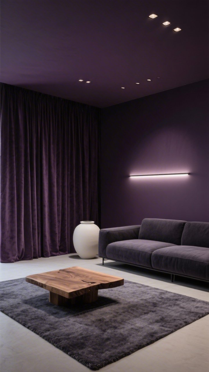 Photorealistic minimalist wide shot, low angle: a moody aubergine living room where walls and ceiling merge into one deep shade. A sleek, low-profile charcoal sofa floats on a graphite micro-loop rug. A single solid oak slab coffee table provides quiet warmth. A floor-to-ceiling drapery wall in tonal plum adds depth. Recessed pin spots and a slim linear LED over a single large matte off-white ceramic vessel create precise, restrained illumination, no people.