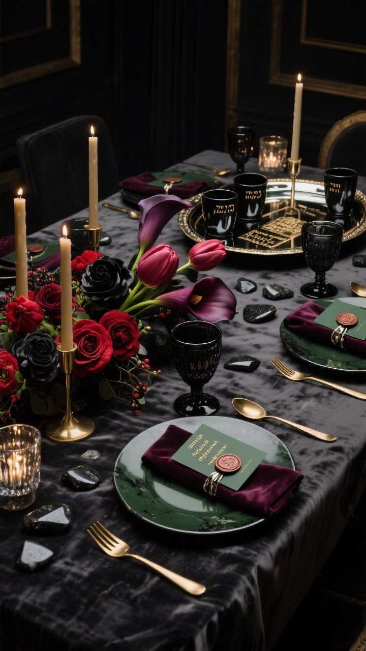Photorealistic moody medium shot of a Luxe Glamour evening Seder table: charcoal velvet cloth with soft sheen; black porcelain plates resembling polished stone; gold flatware; smoked-glass goblets; low, dense florals of saturated burgundy tulips, deep plum calla lilies, and black-red ranunculus; scattered hematite/onyx stones for reflective depth; black tapers in brushed gold holders with mercury glass votives casting dappled light; smoked-mirror Seder tray with black ceramic cups labeled in gold ink; forest green or plum velvet napkins with metal cuffs; wax-sealed card at each place showing the Seder order; cinematic, dramatic lighting with rich shadows; no people.